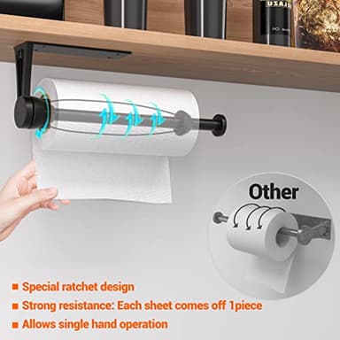 Paper Towel Holder Under Cabinet, Single Hand Operable Wall Mount with Damping Effect, Self-Adhesive or Drilled for Kitchen Bathroom, Black - Image 2