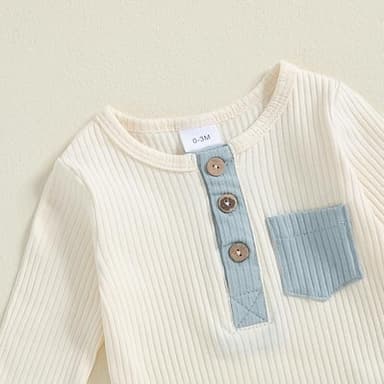 fhutpw Baby Boy Clothes 3 6 12 18 Months Ribbed Knitted Long Sleeve Romper and Pants Sets Newborn Fall Splicing Color Outfits (White&Blue, 3-6 Months) - Image 4