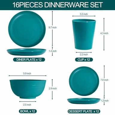 LIYH 48 Pcs Green Wheat Straw Plates and Bowls set - Plastic Dinnerware Set - Dishwasher Safe Camping Plates Dishes Set for 12, Unbreakable Wheat Straw Plate Bowls Reusable 12 Guests - Image 2