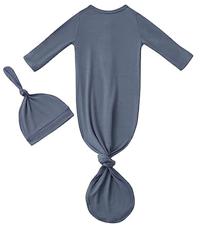 Newborn Baby Boys Girls Knotted Gown Hat Set Soft Viscose from Bamboo Infant Sleeper Baby Sleep Gown with Mittens (Navy, 0-3 Months) - Image 2