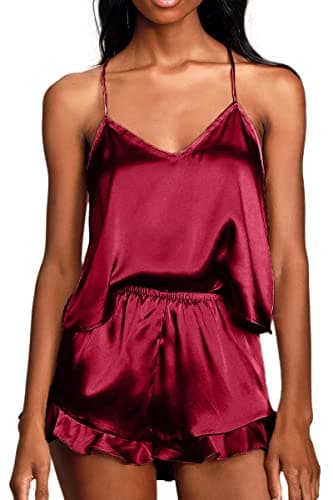 CHYRII Women's Sexy Silk Satin PJS Ruffle Cami Tops Shorts 2 PCS Pajamas Sets Nightwear Burgundy M - Image 7