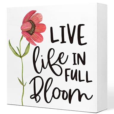 Live Life In Full Bloom Wood Sign - Rustic Flowers Spring Wood Block Plaque Box Sign For Farmhouse Home Dining Room Garden Shelf Tabletop Decoration - Image 1