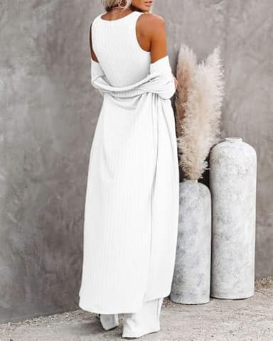 Fessceruna Womens 3 Piece Lounge Sets Pajamas Knit Long Sleeve Cardigan Crop Top Wide Leg Pants Loungewear Set A-white - Image 4