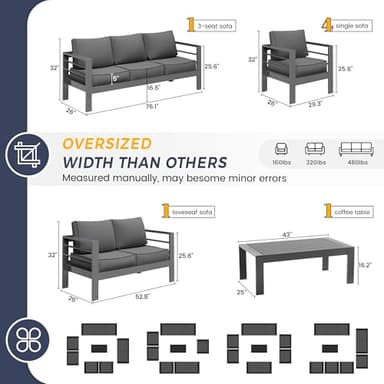 UDPATIO 10 Piece Aluminum Patio Furniture Set, Oversized Modern Outdoor Furniture Set with Olefin Fabric Cushion for Patio Deck Backyard, Dark Grey (with Waterproof Covers) - Image 3