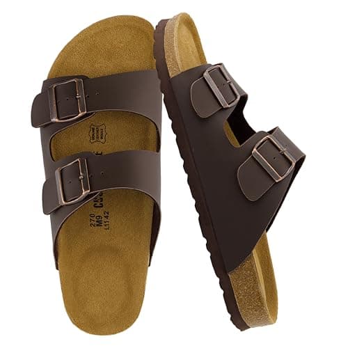 CUSHIONAIRE Lane Cork Footbed Mens Sandals, Adjustable Buckle Comfort Slides for Men, Genuine Leather Insole Summer Sandals Men Footwear, BROWN 12 - Image 1