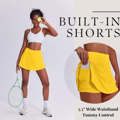 PINSPARK Pleated Tennis Skirt with Pockets for Women Athletic Golf Skorts Skirts with Shorts High Waist,Yellow Large - Image 2