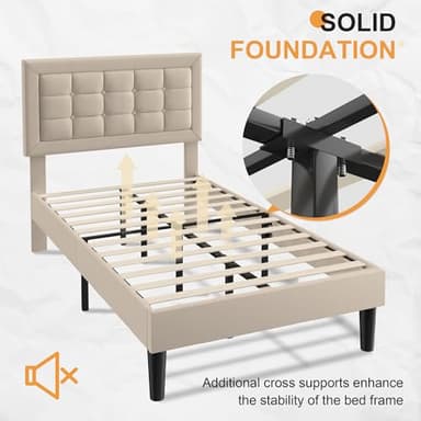 VECELO Twin Size Bed Frame with Adjustable Headboard, Upholstered Button Tufted Platform Bedframe with Wood Slats Support, No Box Spring Needed, Beige - Image 6