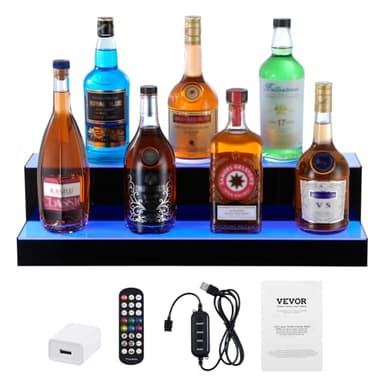 VEVOR LED Lighted Liquor Bottle Display, 2 Tiers 24 Inch Commercial Illuminated Home Bar Shelf, 2 Steps Whiskey Rack Stand, Acrylic Drink Shelves with RF Remote & App Control, and Multicolor Light - Image 9