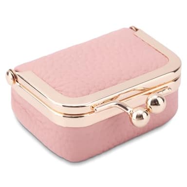 Genuine Leather Mini Jewelry Box, Mini Jewelry Travel Case, Small Portable Organizer Storage Pouch, Coin Purse with Kiss Lock for Ring Necklace Earrings Bracelet Perfect Gift for Women Girls (Pink) - Image 1