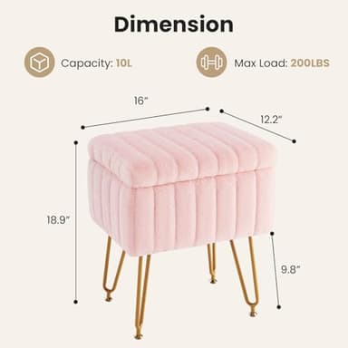 DUMOS Vanity Stool Chair, Ottoman with Storage, Makeup Cute Soft Small Footstool, Modern Style Faux Fur Seat with 4 Metal Legs & Adjustable Feet for Dressing, Living Room, Bedroom, Dorm, Pink - Image 3