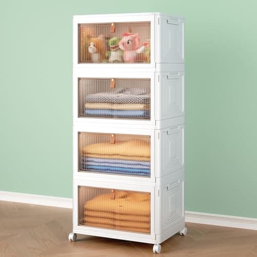 4 Tier Storage Bins with Lids, 23QT Stackable Closet Organizers and Storage with Wheels, Collapsible Storage Boxes, Foldable Plastic Storage Containers for Home,Office, Dorm Room-White - Image 1