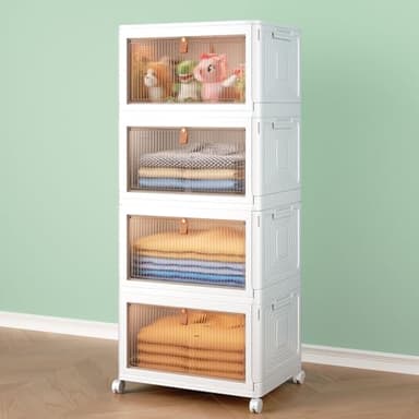 4 Tier Storage Bins with Lids, 23QT Stackable Closet Organizers and Storage with Wheels, Collapsible Storage Boxes, Foldable Plastic Storage Containers for Home,Office, Dorm Room-White - Image 1