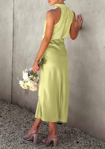 PRETTYGARDEN Women's 2025 Summer Satin Dress Elegant Sleeveless Mock Neck Cocktail Party Maxi Dresses (Tender Green,Large) - Image 2