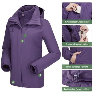 CAMEL CROWN Women's Waterproof Ski Jacket 3 in 1 Winter Coat Windbreaker Snowboard Jackets for Rain Snow Outdoor Hiking Dark Purple M - Image 4