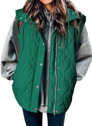 EVALESS Fall Winter 2025 Clothes for Women Cropped Puffer Vest Lightweight Quilted Stand Collar Sleeveless Jackets Warm Button Zip Up Coat Outerwear Gilet with Pockets Green Large - Image 1