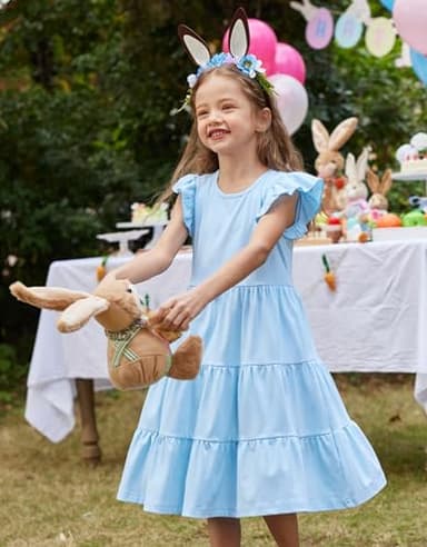 Arshiner Girls Summer Dress Ruffle Sleeve Flared Flowy Pleated Midi Cotton Casual Sundress with Pockets Light Blue 8-9 Years - Image 3