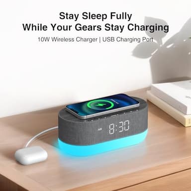 HOUSBAY Sound Machine with Alarm Clock for Bedrooms, Dual Speakers, 21 HiFi Sounds, 10W Wireless Charger, Unlimited Sound, Bluetooth, 10 Night Light, White Noise Machine for Sleeping, Black - Image 4