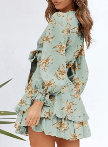 Dokotoo Womens Fall 2025 Sexy V Neck Ruffle Elegant Long Sleeve Empire Waist Tie Knot Chiffon Boho Tunic Swing A Line Flowy Mini Short Skater Dresses for Women Brunch Outfits for Women Green L - Image 2