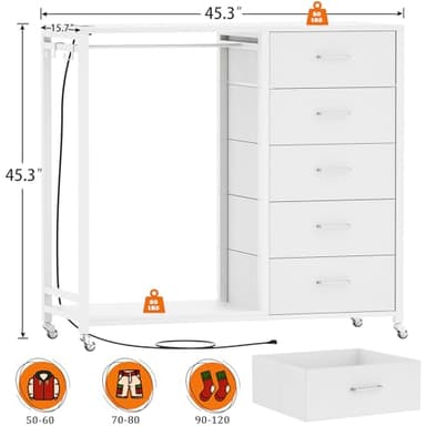 Cyclysio Dresser for Bedroom with Clothes Rack, 5 Fabric Drawers Dresser with Charging Station & LED Lights, White Storage Chest of Drawers with Wheels, Wooden Top, Lockable Wheels, Closet, White - Image 2