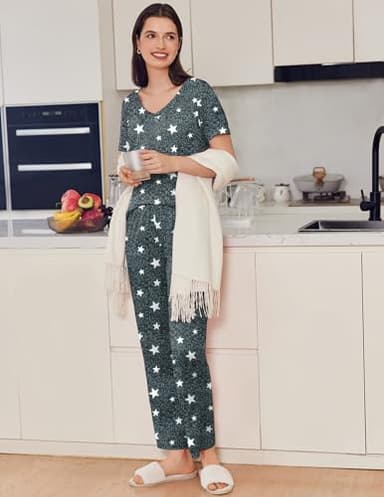 Ekouaer Ladies Pajamas Sets 2 Pack Short Sleeve with Long Pant Pjs Sleepwear Loungewear Slate Star Grey Cat X-Large - Image 4