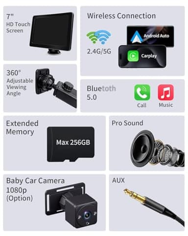 Portable Apple Carplay Screen for Car, 7" HD Car Stereo Touchscreen with Wireless CarPlay & Android Auto, Mirror Link, Bluetooth, Voice Control, Memory Card Playback, AUX - Fits All Vehicles - Image 3