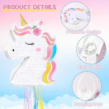 WERNNSAI Foldable Unicorn Piñata - Pull String Unicorn Birthday Party Supplies Extendable Unicorn with Blindfold Bat and Tassels Unicorn Birthday Party Decoration Games Folding Piñatas for Kids - Image 4