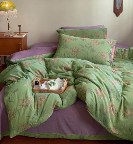 VM VOUGEMARKET Linen Cotton Jacquard Duvet Cover Queen,3 Pcs Yarn-Dyed Textured Duvet Cover Set Green Purple Floral Bedding Breathable, Natural Wrinkled Look-No Comforter - Image 1