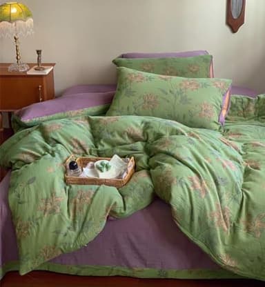 VM VOUGEMARKET Linen Cotton Jacquard Duvet Cover Queen,3 Pcs Yarn-Dyed Textured Duvet Cover Set Green Purple Floral Bedding Breathable, Natural Wrinkled Look-No Comforter - Image 1