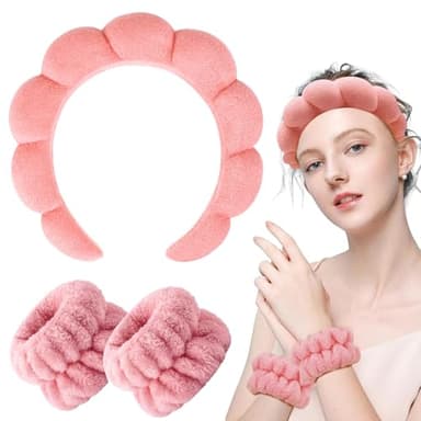Zkptops Spa Headband for Washing Face Wristband Set Sponge Makeup Skincare Terry Cloth Bubble Soft Get Ready Hairband for Women Girl Puffy Padded Headwear Non Slip Thick Hair Accessory(Orange Pink) - Image 8