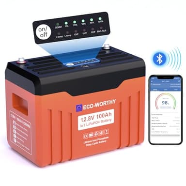 ECO-WORTHY 12V 100AH LiFePO4 Lithium Battery with SOC Display, Upgrade 2.0 with built-in Bluetooth, 100A BMS with Low-Temp Protection, Suitable for RV, Camping, Solar Off-Grid trolling motor - Image 1