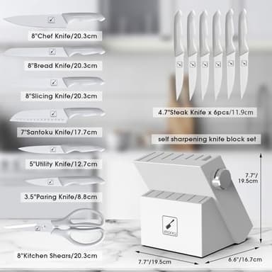 imarku Knives Set for Kitchen, Kitchen Knife Set with Block, Knife Block Set White, Home Essentials, Kitchen Essentials for First Apartment, Anti-slip handle, Dishwasher Safe - Image 2