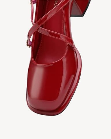 NEWBELLA Women's Mary Jane Shoes Chunky Block Heel Wedding Dress Shoes for Women Low Heels Close Rounded Toe Pumps (Red, Adult, Women, 7, Numeric, US Footwear Size System, Medium) - Image 3