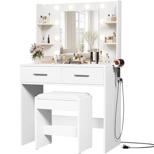 Furmax Make up Vanity Desk with Mirror and Power Outlet, Vanity with 3 Color Light Options Adjustable Brightness,Vanity Desk with 2 Drawers, 6 Storage Shelves (White, with Bench) - Image 1