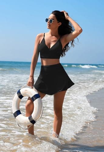 Pink Queen Women's High Waisted Bikini Set Two Piece Swimsuit V Neck Spaghetti Straps Swim Skirt Bathing Suit Black L - Image 3