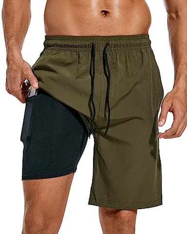 difficort Mens Swim Trunks Quick Dry Bathing Suit 9 inch Inseam Board Shorts with Compression Liner and Zipper Pocket,Army Green,Large - Image 1
