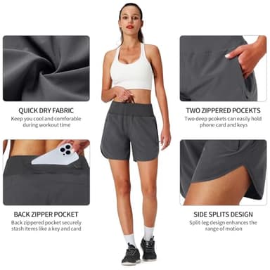 Womens Running Shorts Zipper Pockets High Waisted Quick Dry Athletic Workout Shorts with Liner Dark Grey - Image 4
