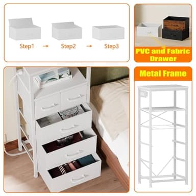 Furnulem Dresser for Bedroom, Tall Nightstand, Vertical Chest with Wood Top, Charging Station, LED Lights, 5 Fabric Bins, Bedside Table with Shelf, Furniture for Entryway (5 Drawer, White) - Image 7