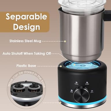 ByNaRIX Milk Frother, 16.9 OZ Milk Frother and Steamer, 4 in 1 Electric Milk Frother Dishwasher Safe, Durable Silent Working Frother for Coffee, Hot and Cold Foam Maker, Black - Image 6
