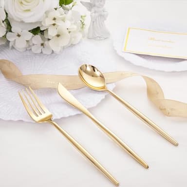 SUT 150PCS Gold Plastic Silverware, Plastic Utensils,Gold Silverware Disposable,Disposable Utensils Heavy Duty,Plastic Cutlery Set,Includes:50 Knives, Forks and Spoons for Party, Birthday,Wedding - Image 2