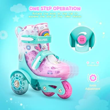 SULIFEEL Adjustable Roller Skates for Girls Boys Kids,Fun Illuminating Light Up Flash Wheels Three-Point Type Balance Suitable for Beginners Indoor Roller Skating Green & Pink Size Small - Image 3