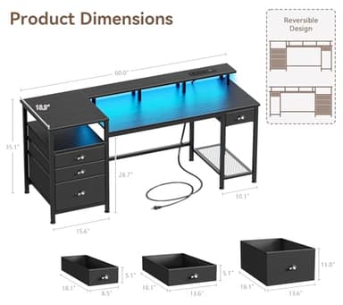 Furologee 60" Black Computer Desk with 4 Drawers and Printer Space, Gaming Desk with LED Lights and USB Power Outlets, Home Office Desk with Fabric File Cabinet,Study Work Table with Shelf for Bedroom - Image 3