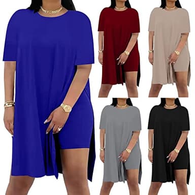 AXOSY Women Plus Size 2 Piece Outfits Short Sleeve Tunic Tops and Skinny Biker Shorts Sets Tracksuits Blue,X-Large - Image 4