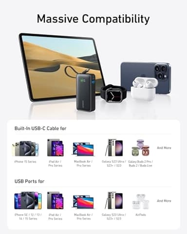 Anker Nano Power Bank, 10,000mAh Portable Charger with Built-in USB-C Cable, 30W Recharging, 30W Max Output with USB-C&A, for iPhone 16/15 Series, MacBook, Galaxy, AirPods, and More - Image 6