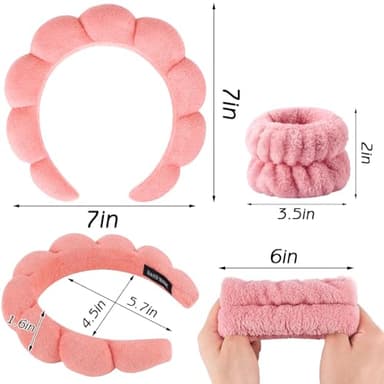 Zkptops Spa Headband for Washing Face Wristband Set Sponge Makeup Skincare Terry Cloth Bubble Soft Get Ready Hairband for Women Girl Puffy Padded Headwear Non Slip Thick Hair Accessory(Orange Pink) - Image 6