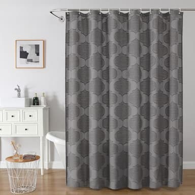OWENIE Grey Shower Curtain Set, Jacquard Geometric Textured Fabric Boho Shower Curtains for Bathroom, Soft Hotel Style Farmhouse Shower Curtain Grommet Top 12 Hooks, Machine Washable, 72x72, Grey - Image 2