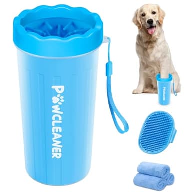 Comotech Dog Paw Cleaner with Bath Brush & Absorbent Towels - Adjustable Ring Handle for Long and Short-Haired Dogs (Large, Blue) - Image 1