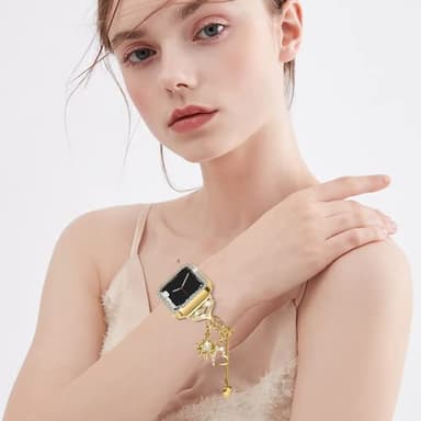 JOYOZY Band Compatible with Apple Watch 38mm 40mm 41mm 42mm 44mm 45mm 46mm, Bling Strap with Glitter Case Built-in Screen Protector, Interchangeable Charms Dressy Bracelet for Women (Gold 40mm) - Image 6