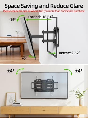 USX Mount Full Motion TV Wall Mount for 42-85 inch, TV Mount Swivel and Tilt,Wall Mount Bracket with Dual Articulating Arms Up to 132lbs, VESA 600x400mm, Max 16" Wood Studs, UL Listed XML019 - Image 5
