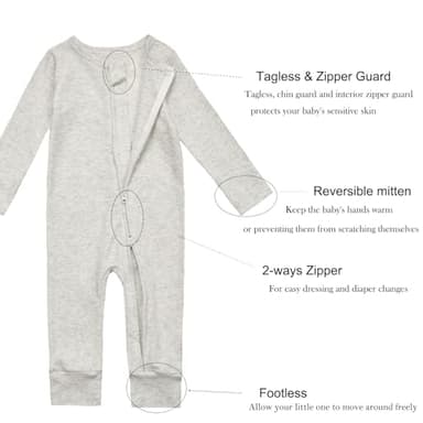 Aablexema Baby Cotton Fooltess Pajamas with Mitten, 3-pack Infant Romper Zip Up One Piece Jumpsuits Outfit(Light Grey&Black Grey&Mint,6-12m) - Image 3