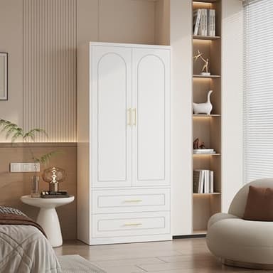 Polup Metal Armoire Wardrobe Closet witih Two Drawers, 71" Tall Large Wardrobe Cabinet with Hanging Rod, Clothing Storage Cabinet with Doors and Shelves for Bedroom, White, Assemble Required - Image 8